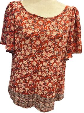 Lucky Brand Rust Floral Scoop Neck Flutter Sleeve with back cutout Summer Top